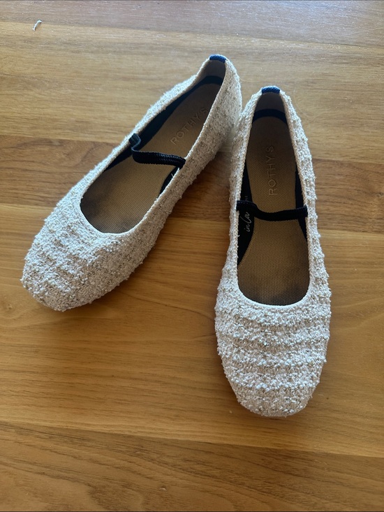 Rothy's Shoes - Rothy's Cream Boucle Mary Jane Ballet Flats with Black Strap